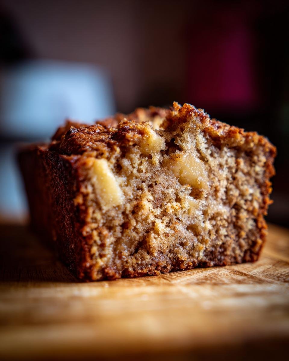 Close-up of a moist slice of Spiced Apple Cake showing visible chunks of apple within the crumb.