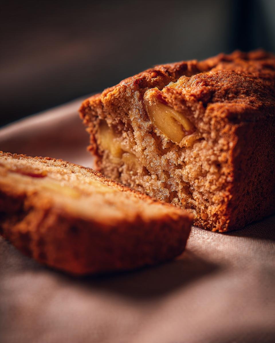 Close-up of a moist, brown loaf of Spiced Apple Cake with visible chunks of apple inside, one slice cut.