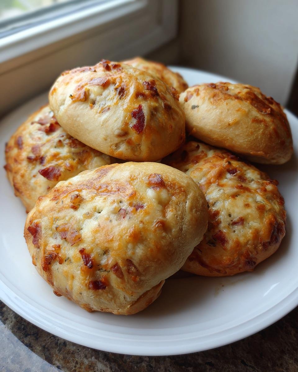 A stack of golden-brown Monster Chicken Bacon Ranch Bombs topped with melted cheese and bacon bits on a white plate.