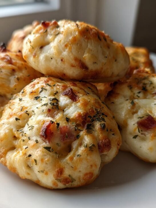 A pile of freshly baked Monster Chicken Bacon Ranch Bombs topped with melted cheese and herbs.