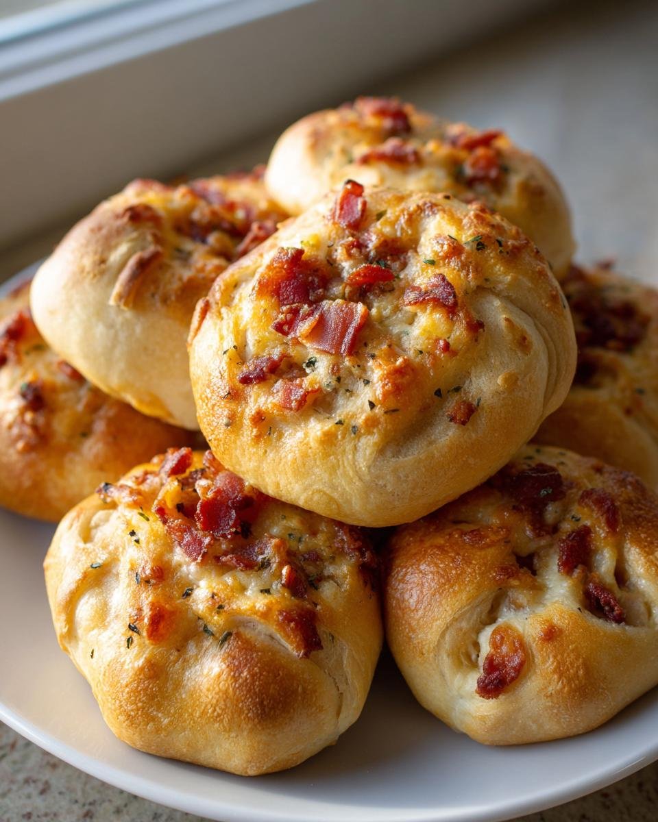 A stack of freshly baked Monster Chicken Bacon Ranch Bombs topped with melted cheese and crispy bacon bits.