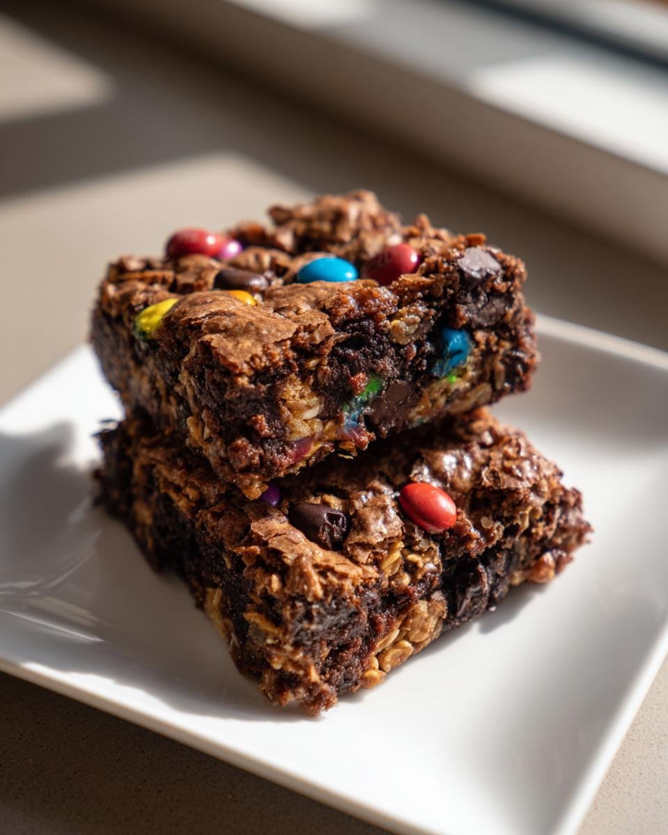 Two rich, fudgy Monster Cookie Fudgy Brownies stacked on a white plate, topped with M&Ms and oats.