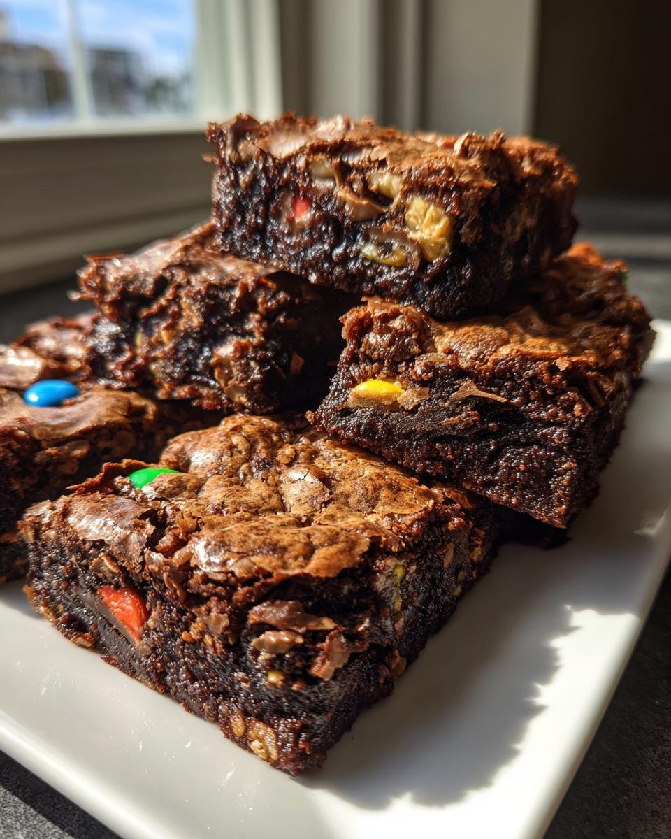 Close-up of a stack of rich, fudgy Monster Cookie Fudgy Brownies studded with colorful candy pieces on a white plate.