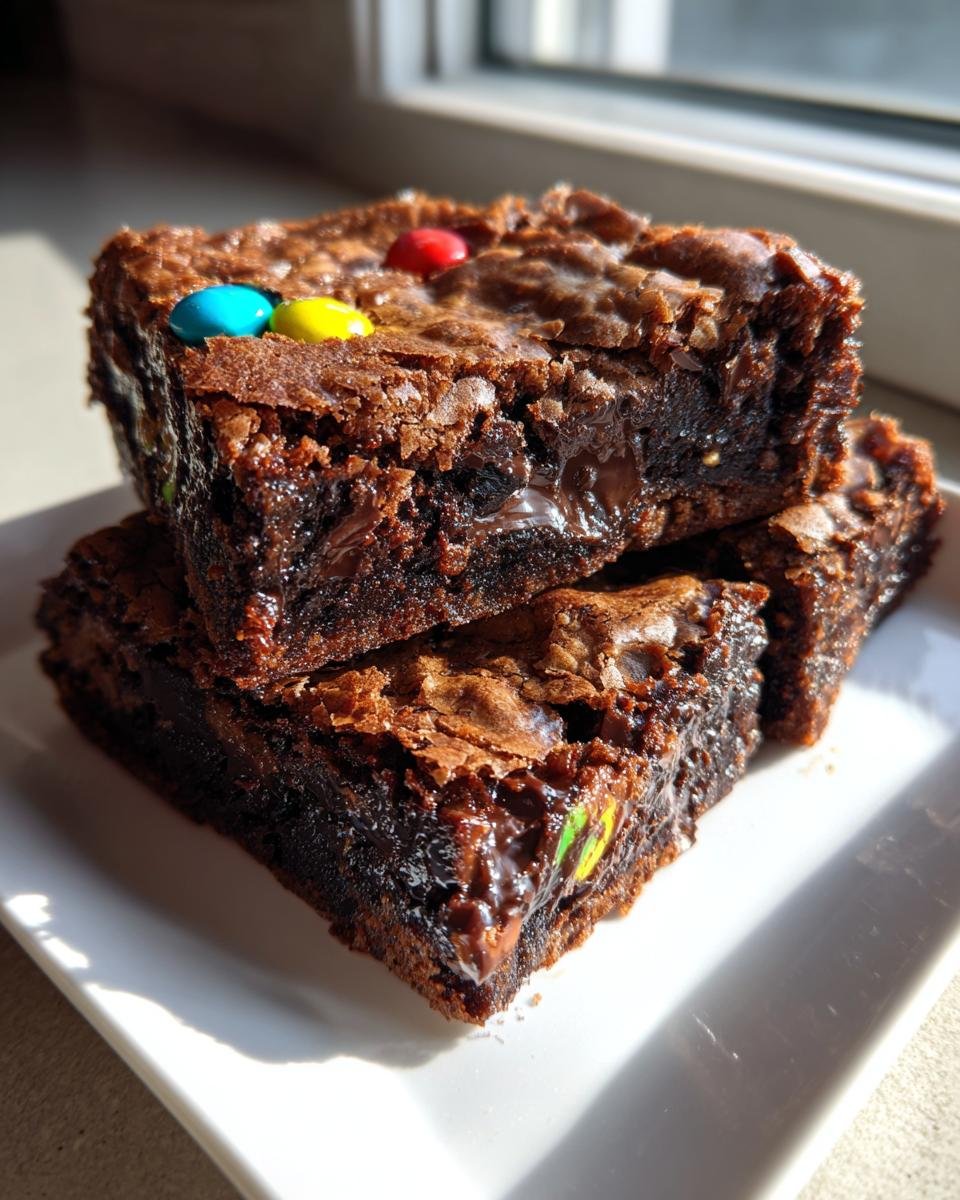 Close-up of two stacked, fudgy Monster Cookie Fudgy Brownies topped with colorful candy pieces.