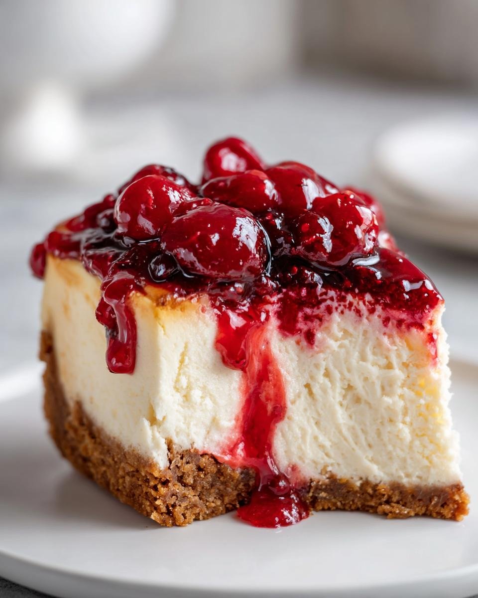 A close-up of a slice of Not So Sweet Cheesecake with a thick graham cracker crust and topped with rich red berries.