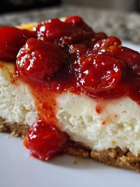 Close-up of a slice of Not So Sweet Cheesecake with a thick graham cracker crust and bright red fruit topping.