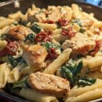 Close-up of One Pan Creamy Tuscan Chicken Pasta with penne, spinach, and sun-dried tomatoes.
