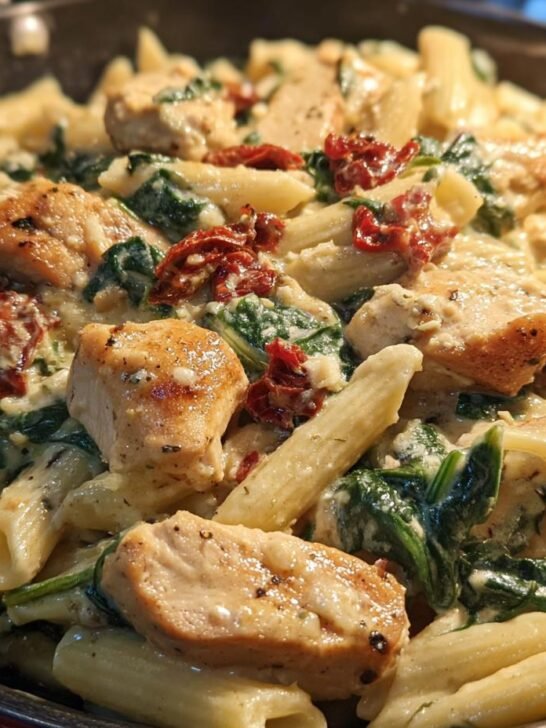 Close-up of One Pan Creamy Tuscan Chicken Pasta with penne, spinach, and sun-dried tomatoes.