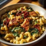 Close-up of a bowl of One Pan Creamy Tuscan Chicken Pasta with seared chicken pieces and sun-dried tomatoes.