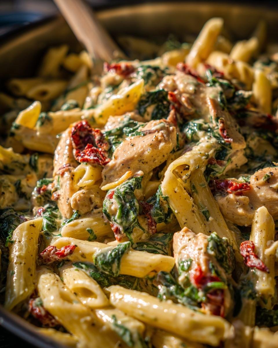 Close-up of creamy penne pasta mixed with chicken, spinach, and sun-dried tomatoes in One Pan Creamy Tuscan Chicken Pasta.
