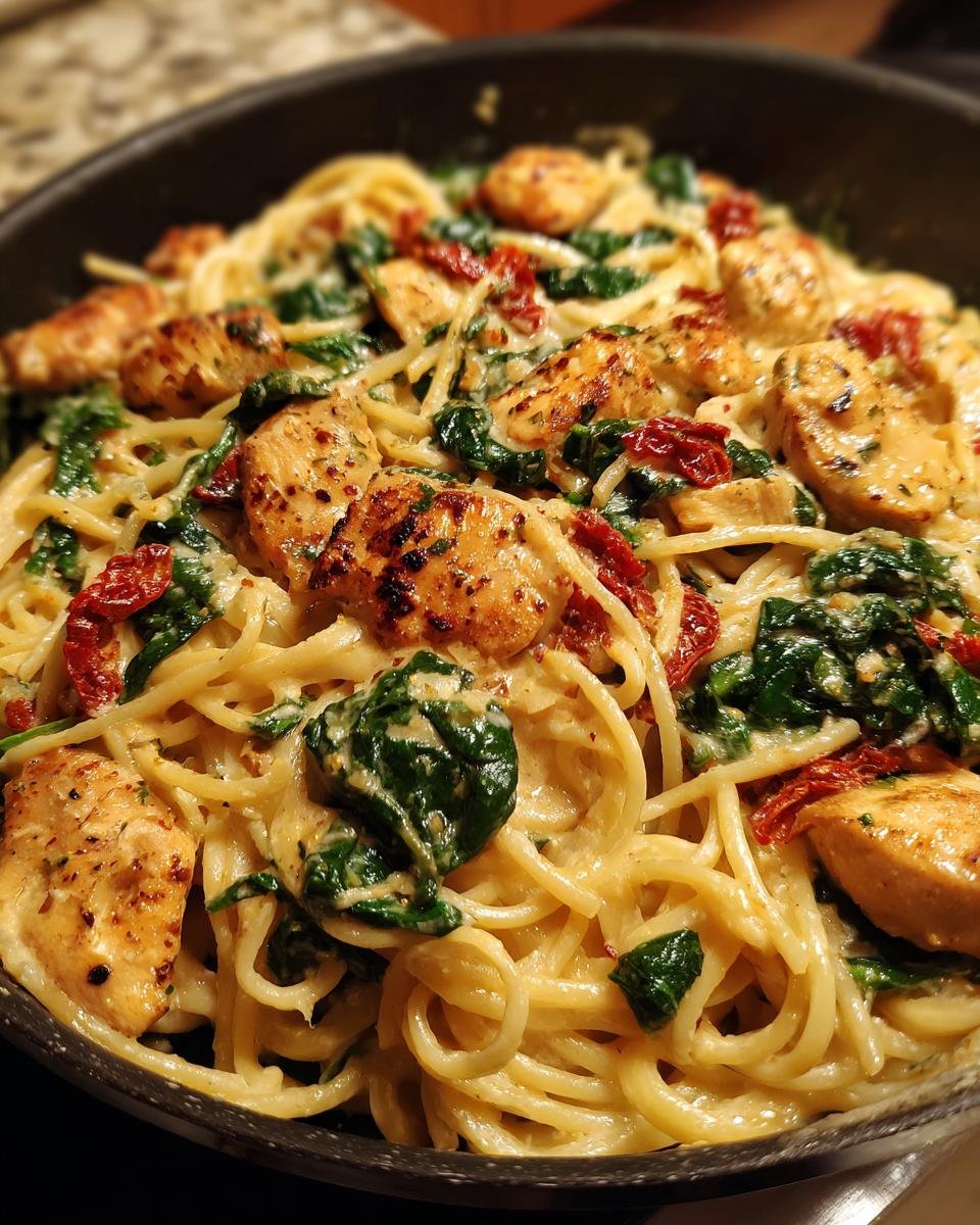 Close-up of One Pan Creamy Tuscan Chicken Pasta featuring spaghetti, seared chicken pieces, spinach, and sun-dried tomatoes in a rich sauce.