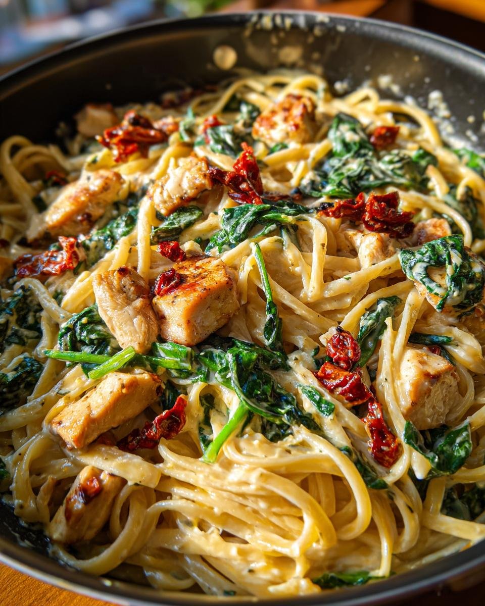 Close-up view of One Pan Creamy Tuscan Chicken Pasta with spinach and sun-dried tomatoes coated in a rich cream sauce.