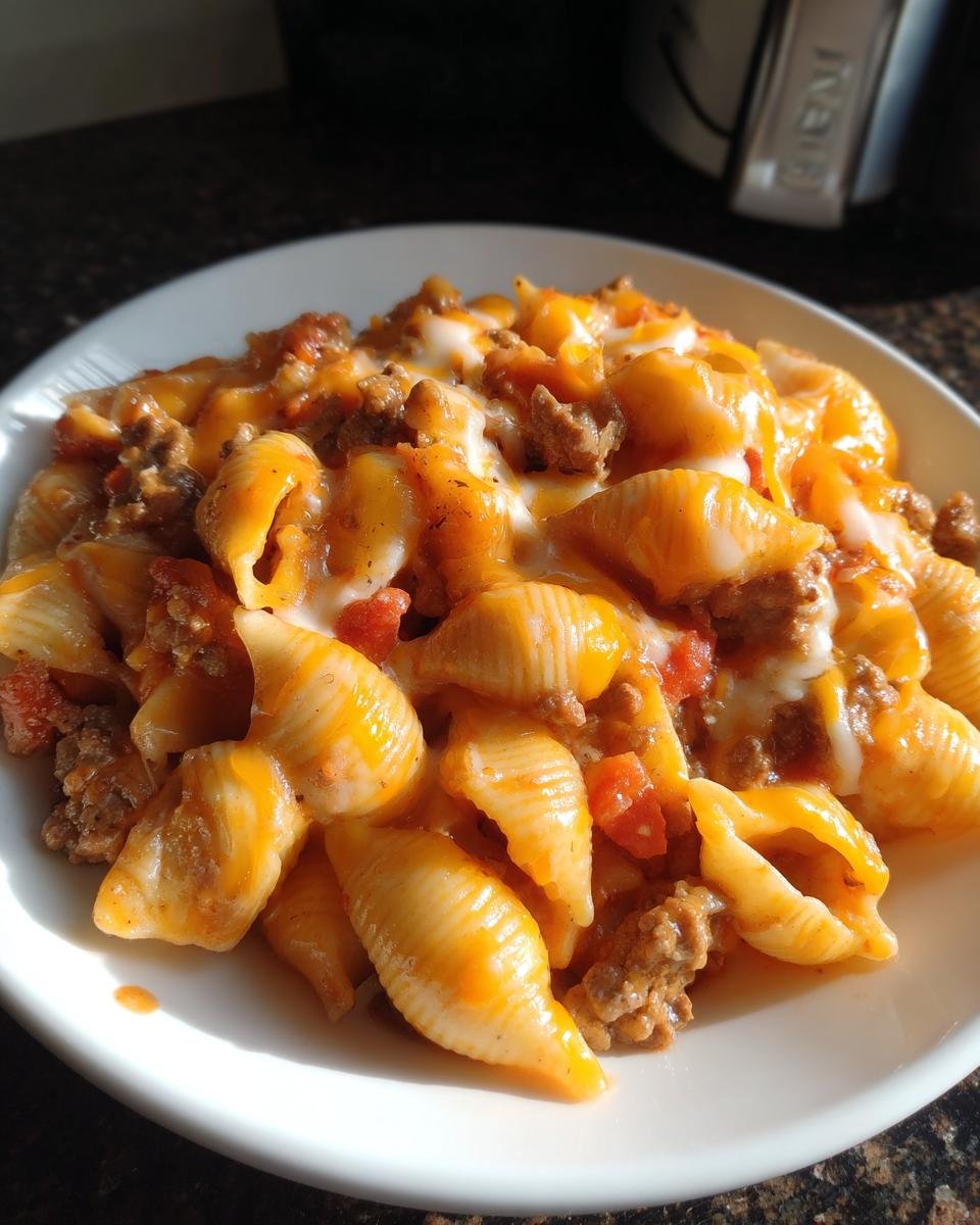 A close-up of a white bowl filled with One Pot Cheesy Beef Shells, topped with melted cheddar and white cheese.