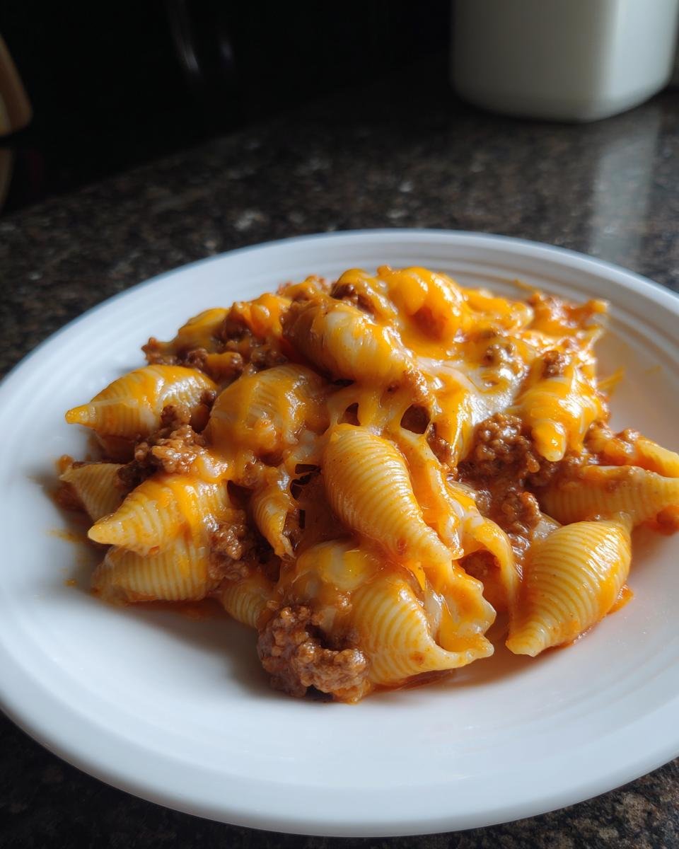 Close-up of shell pasta mixed with ground beef and melted cheddar cheese, representing One Pot Cheesy Beef Shells.