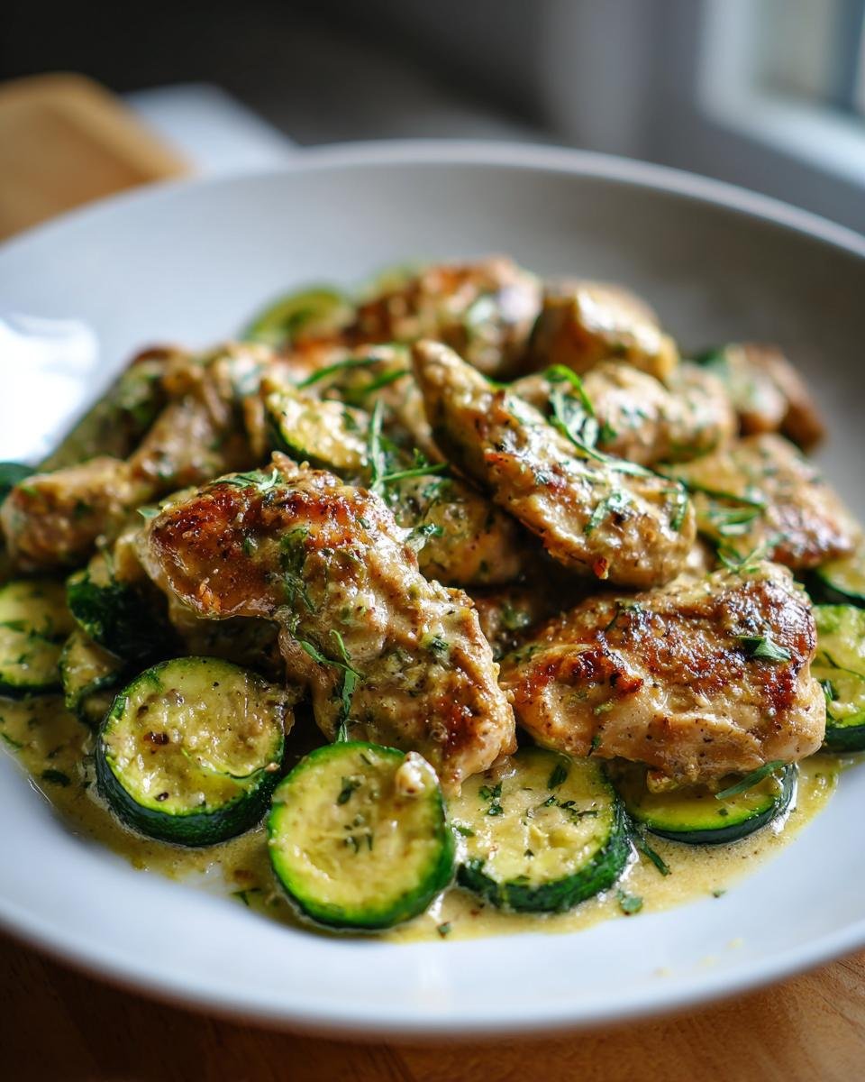 Close-up of One Skillet Lemon Parmesan Chicken Zucchini served in a white bowl with creamy sauce.
