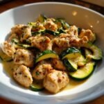 Close-up of bite-sized pieces of One Skillet Lemon Parmesan Chicken Zucchini coated in sauce.