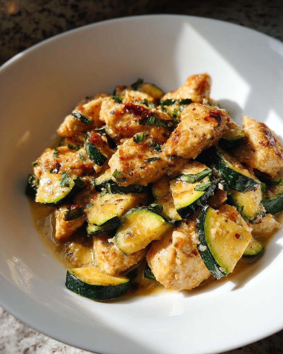 Close-up of bite-sized pieces of One Skillet Lemon Parmesan Chicken Zucchini in a white bowl.