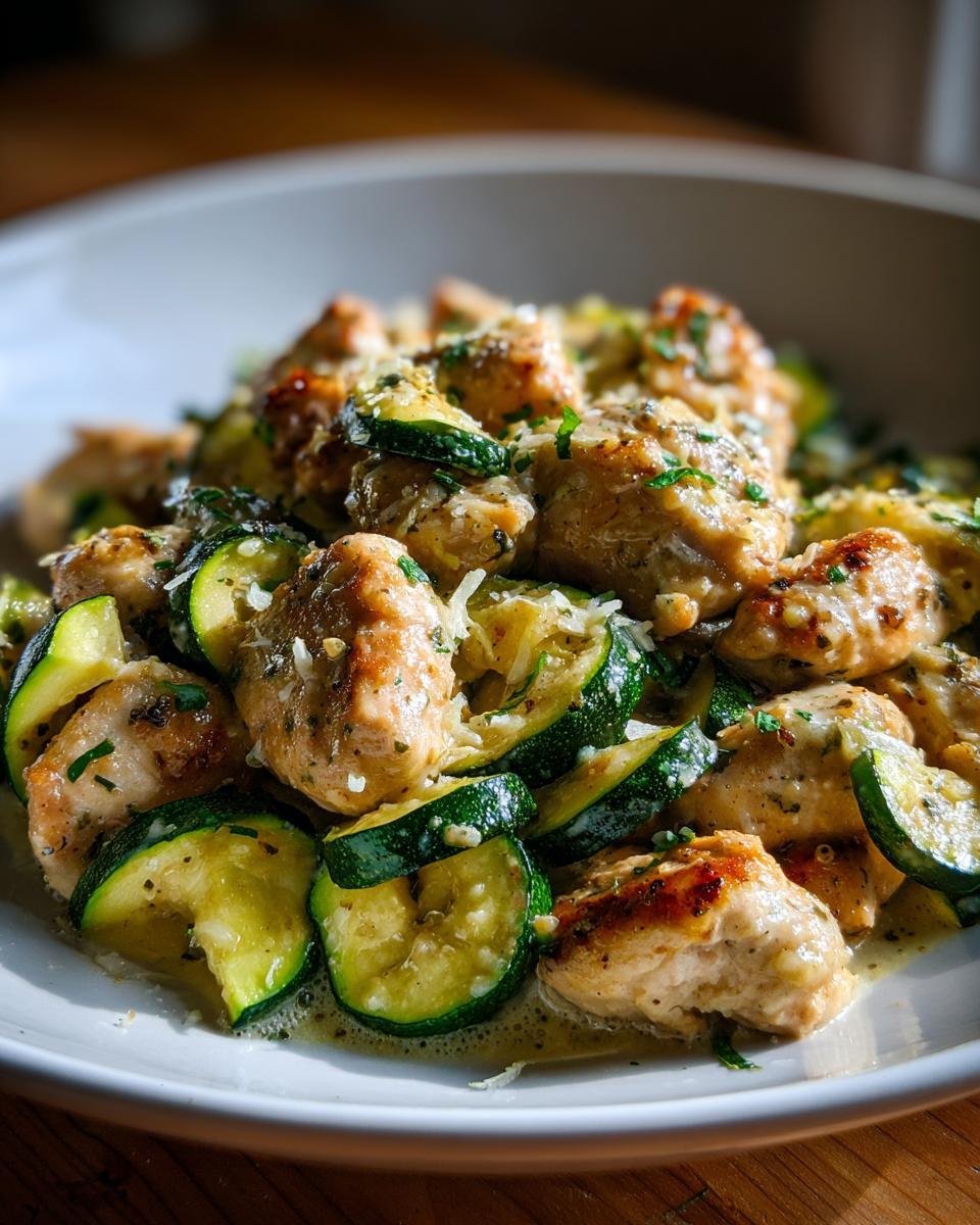 Close-up of pan-seared chicken pieces mixed with sliced zucchini, topped with Parmesan cheese and herbs for One Skillet Lemon Parmesan Chicken Zucchini.