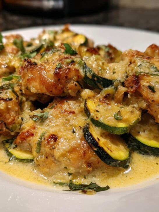 Close-up of golden brown chicken pieces and sliced zucchini coated in a creamy lemon parmesan sauce, part of the One Skillet Lemon Parmesan Chicken Zucchini.