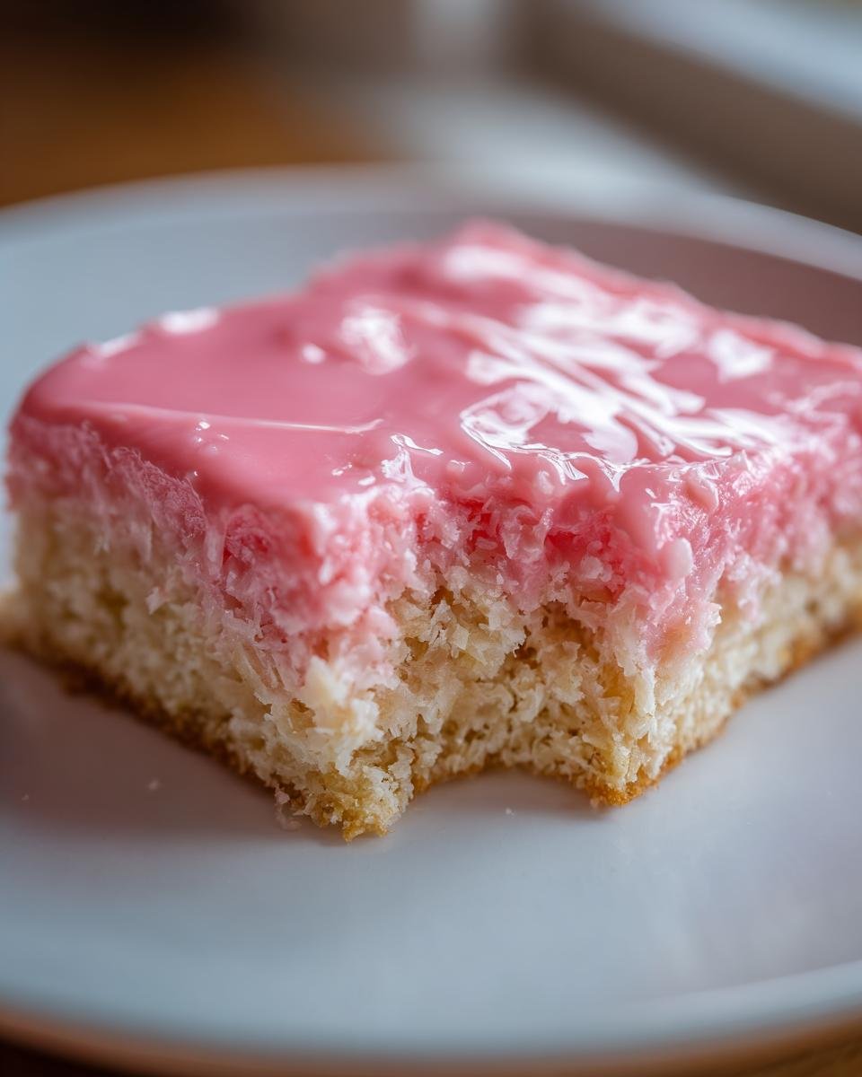 A square slice of Pink Coconut Snowball Bars with a bite taken out, showing the moist coconut base and thick pink icing.