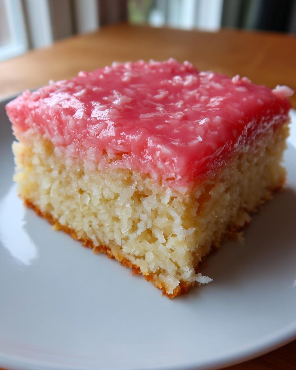 A square slice of Pink Coconut Snowball Bars showing the moist cake base and bright pink coconut topping.