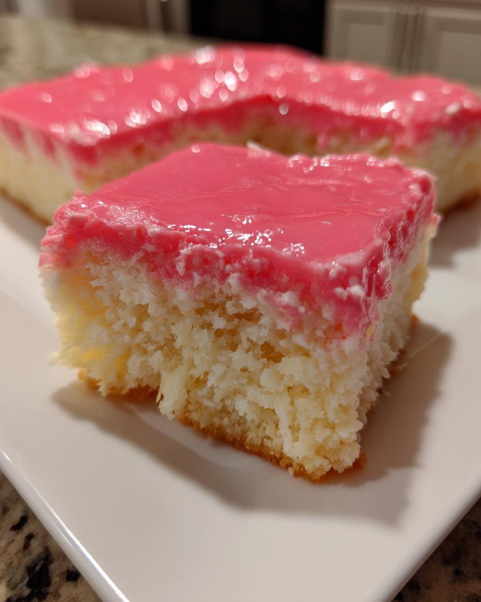 A close-up of a square slice of Pink Coconut Snowball Bars with bright pink icing on a white plate.