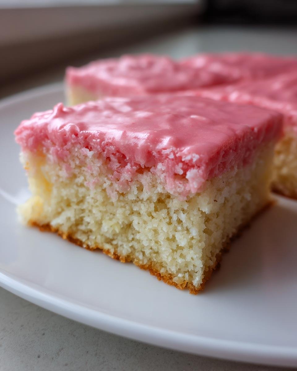 Close-up of a square slice of Pink Coconut Snowball Bars showing the moist cake base and bright pink frosting.