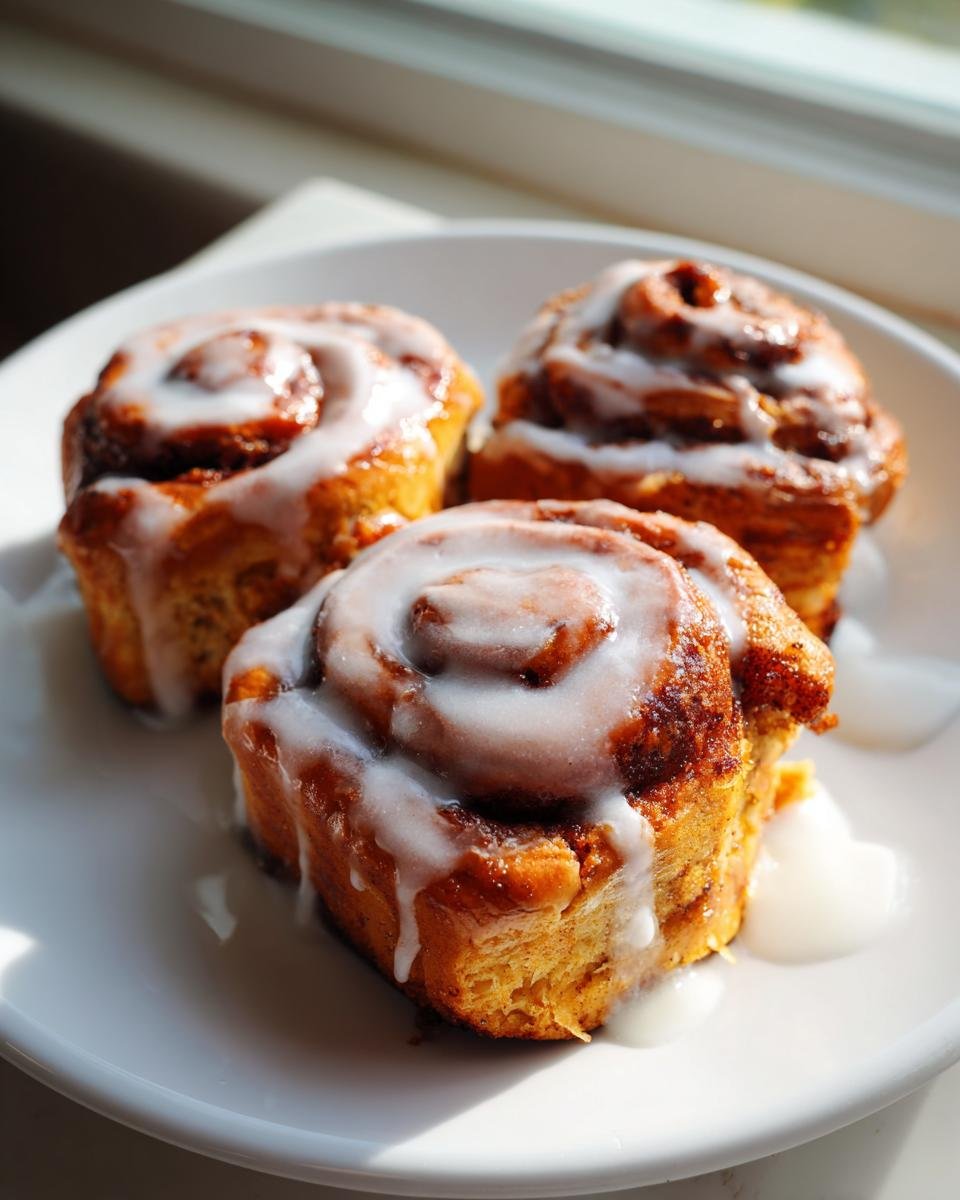Three freshly baked Pumpkin Cinnamon Rolls Browned Butter drizzled with white icing on a white plate.