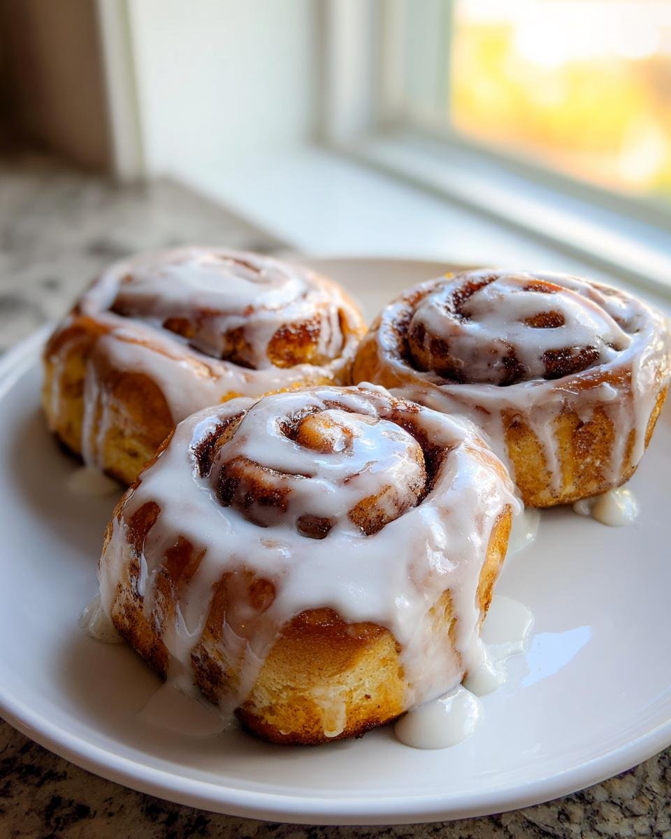 Three freshly baked Pumpkin Cinnamon Rolls Browned Butter generously drizzled with white icing on a white plate.