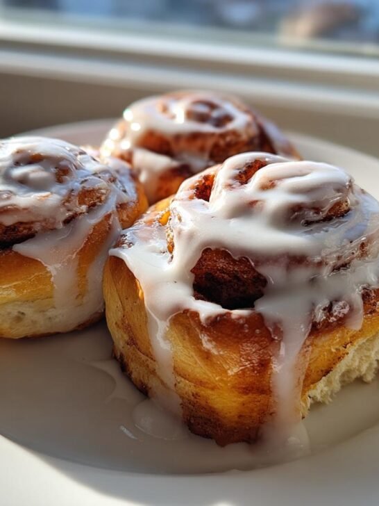 Three freshly baked Pumpkin Cinnamon Rolls Browned Butter generously topped with white icing on a white plate.