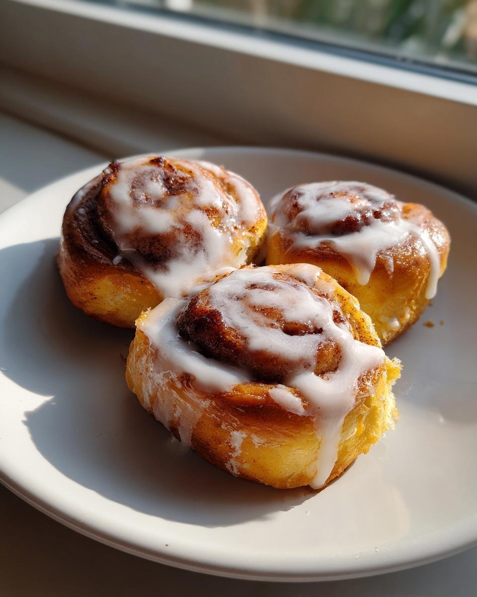 Three freshly baked Pumpkin Cinnamon Rolls Browned Butter with thick white icing, sitting on a white plate near a window.