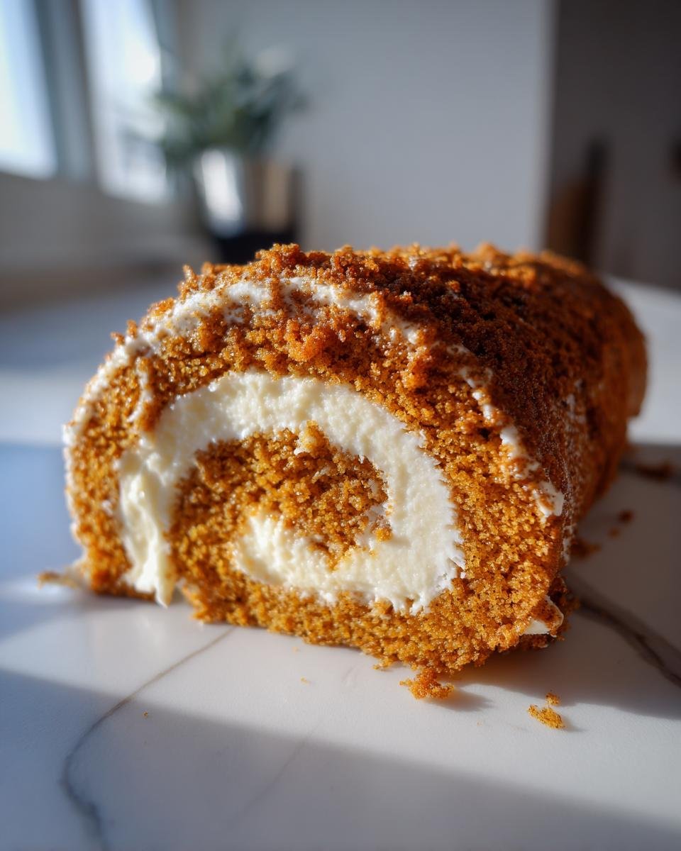 A close-up of a slice of moist Pumpkin Spice Roll Cake showing the orange cake spiral and white cream cheese filling, topped with crumbs.