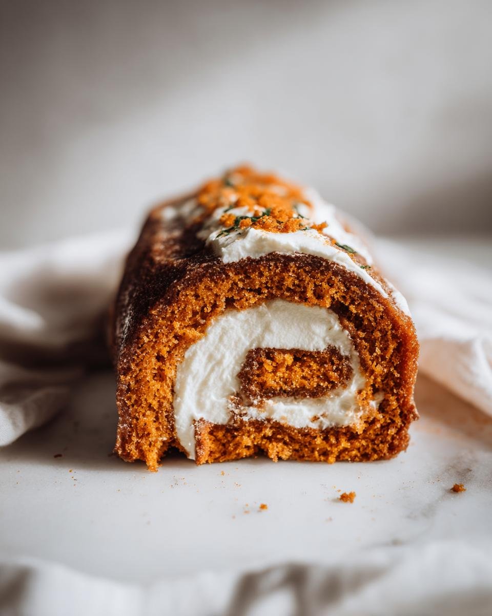 A cross-section view of a rich Pumpkin Spice Roll Cake filled with white cream cheese frosting and topped with orange sprinkles.