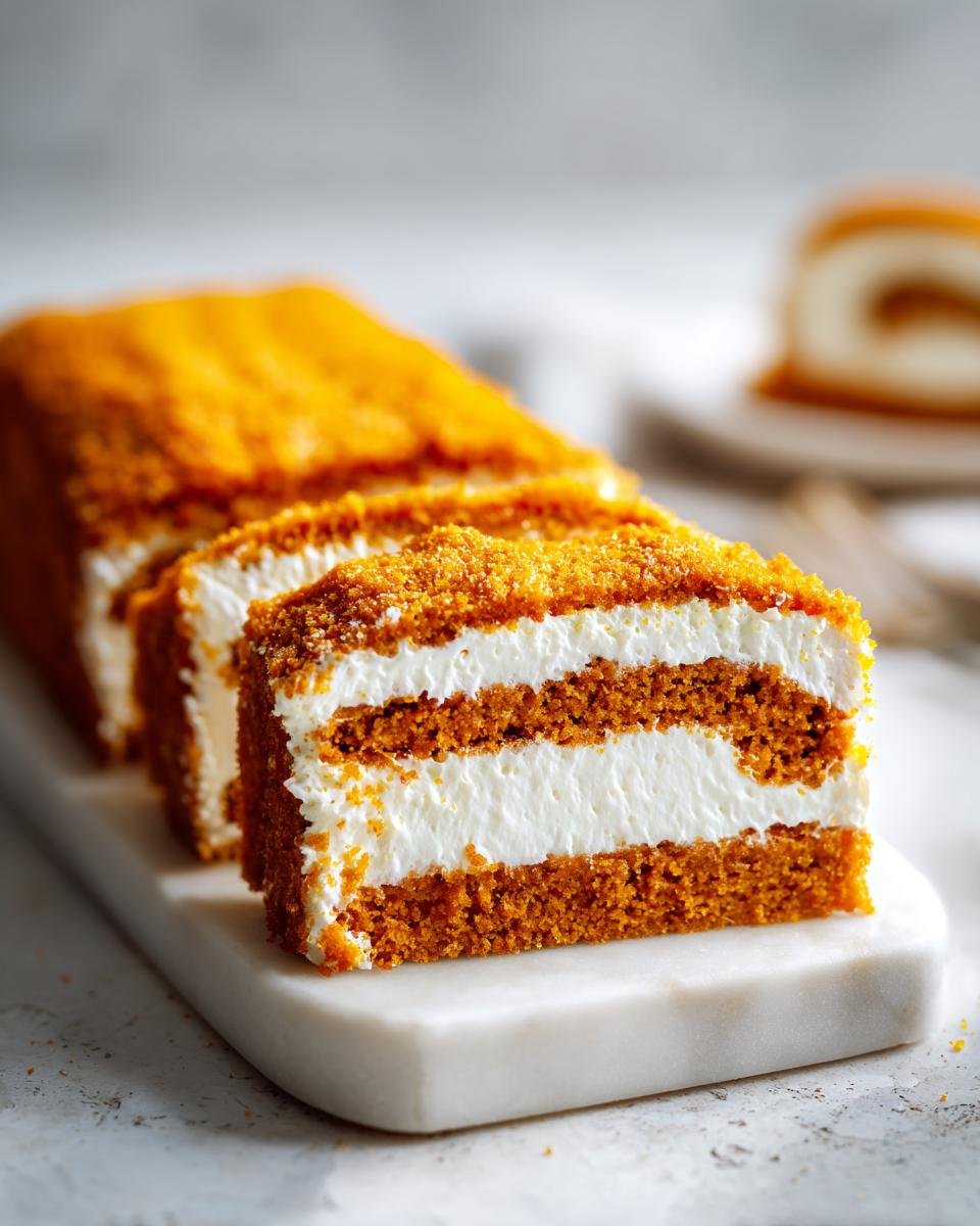 Close-up of three slices of Pumpkin Spice Roll Cake showing layers of orange cake and white cream filling.