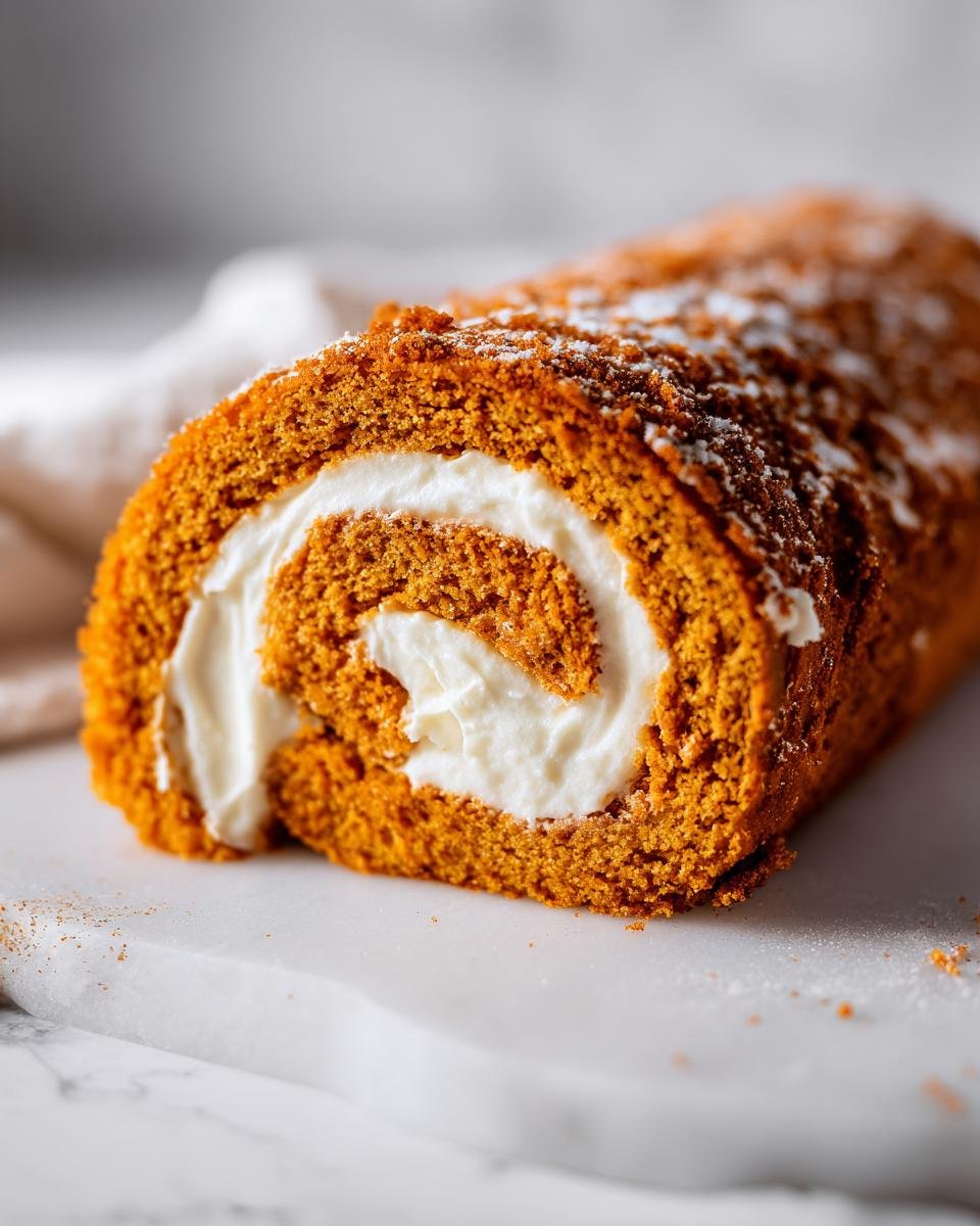 A close-up view of a slice of Pumpkin Spice Roll Cake showing the vibrant orange cake spiraled around thick white cream cheese frosting.