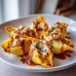 Close-up of baked Pumpkin Stuffed Shells With Herbe covered in melted cheese and marinara sauce.
