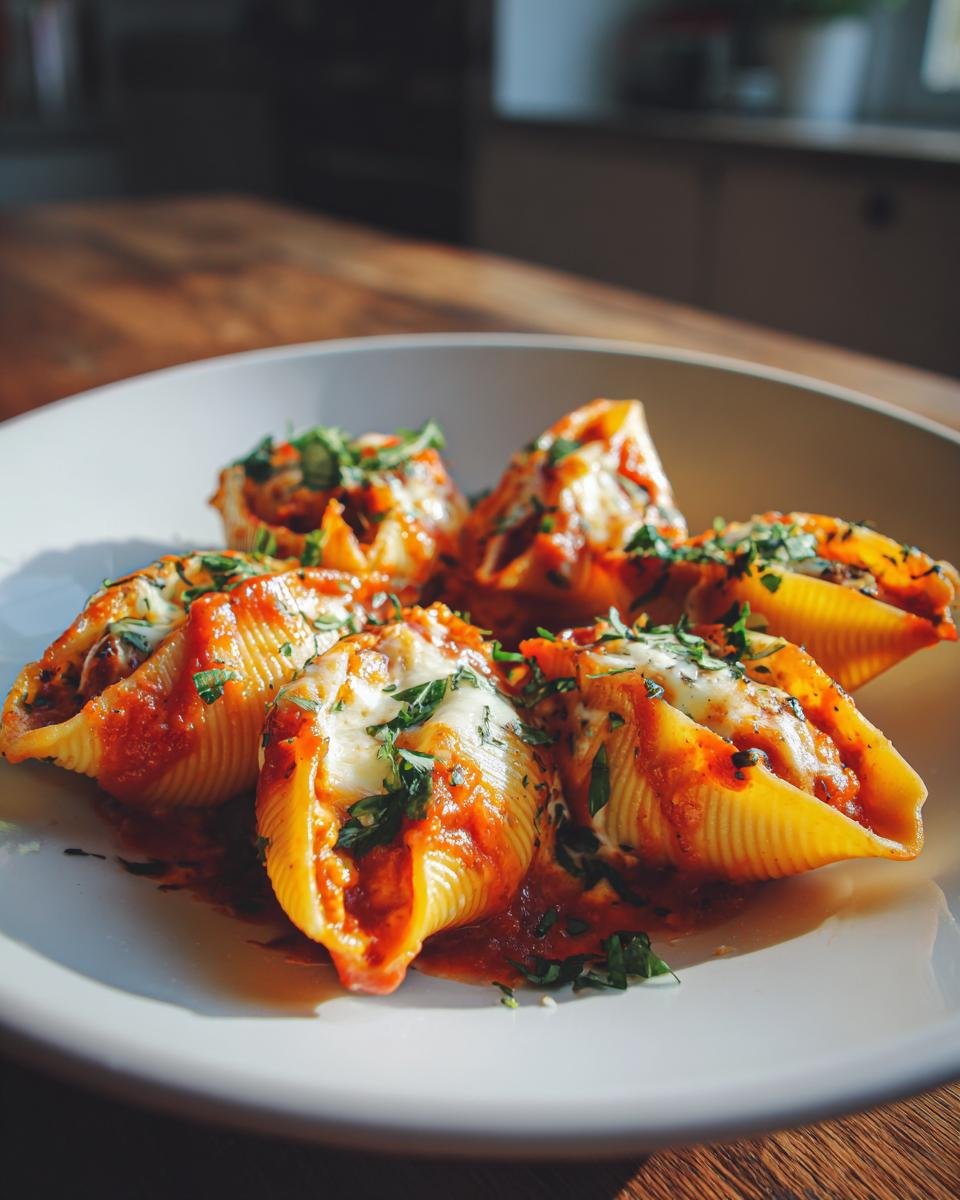 Five baked pasta shells filled with pumpkin mixture, covered in marinara sauce, melted cheese, and fresh herbs.