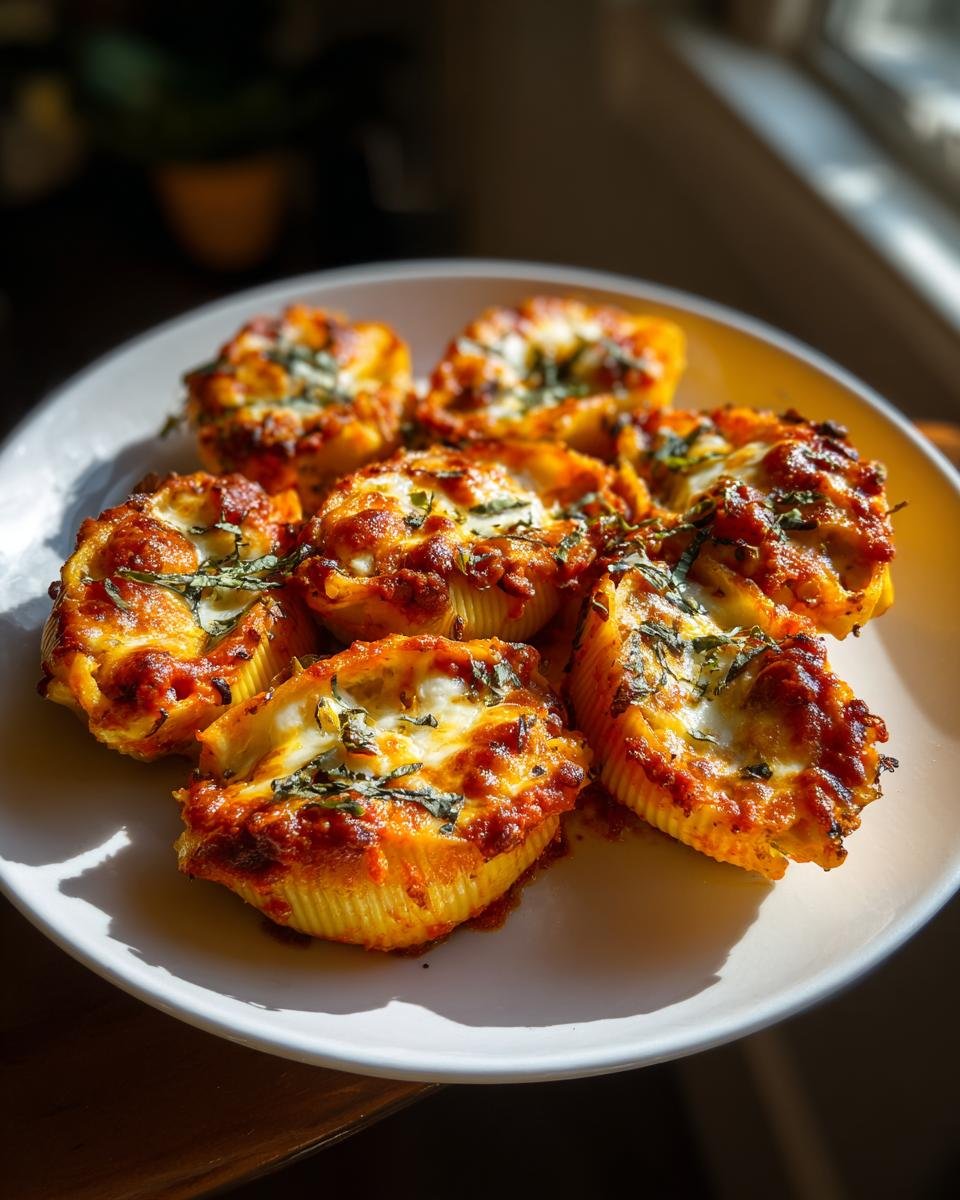 Close-up of baked Pumpkin Stuffed Shells With Herbe covered in melted cheese and marinara sauce.