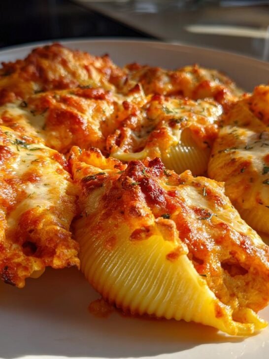 Close-up of baked Pumpkin Stuffed Shells With Herbe topped with melted, browned cheese and herbs.