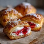A close-up of a Raspberry Cream Cheese Pastry Bite cut open, showing flaky pastry filled with cream cheese and bright red raspberry jam, dusted with powdered sugar.