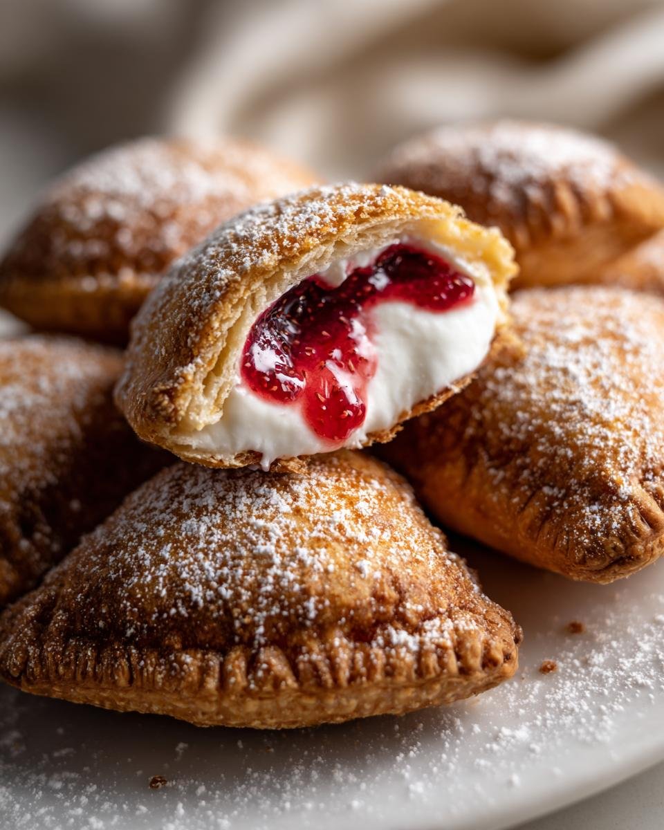 A close-up of flaky Raspberry Cream Cheese Pastry Bites dusted with powdered sugar, one is cut open showing the filling.