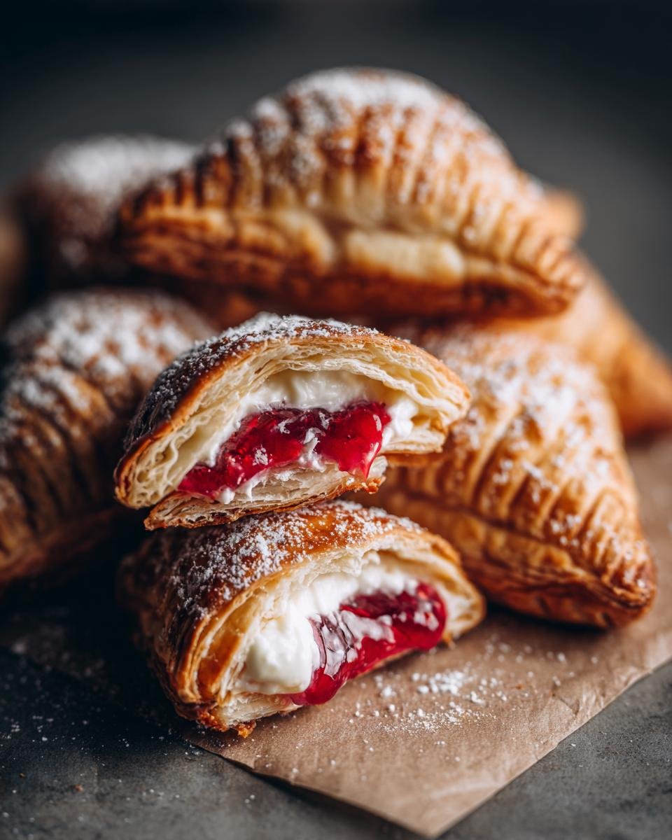 Close-up of Raspberry Cream Cheese Pastry Bites cut open showing flaky pastry, cream cheese, and raspberry filling.
