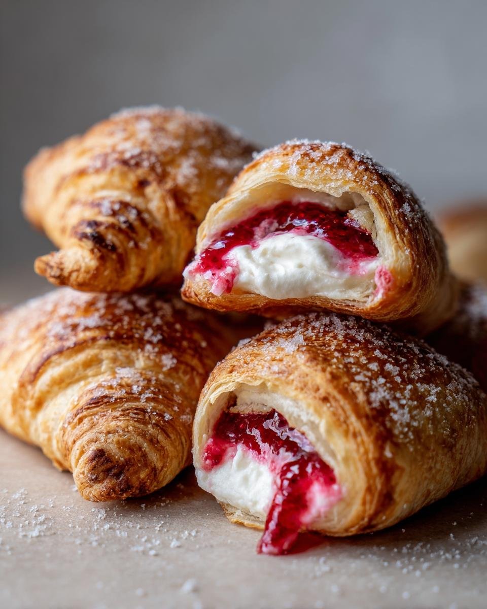 Close-up of Raspberry Cream Cheese Pastry Bites showing flaky pastry filled with white cream cheese and bright red raspberry filling.