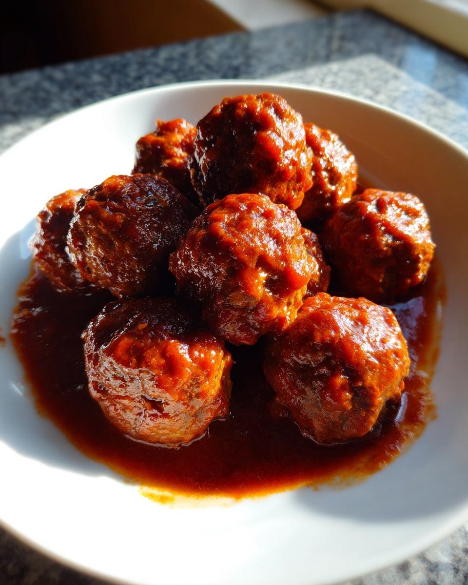 Close-up of several moist Red Wine Braised Meatballs coated in a rich, dark sauce, served in a white bowl.
