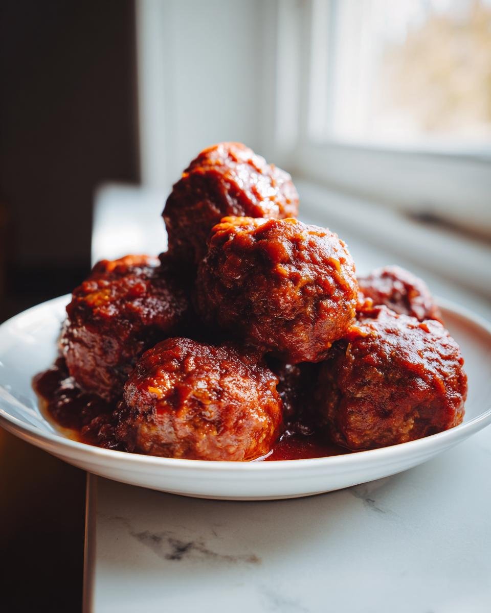 A pile of juicy Red Wine Braised Meatballs coated in rich, dark sauce, served in a white bowl.
