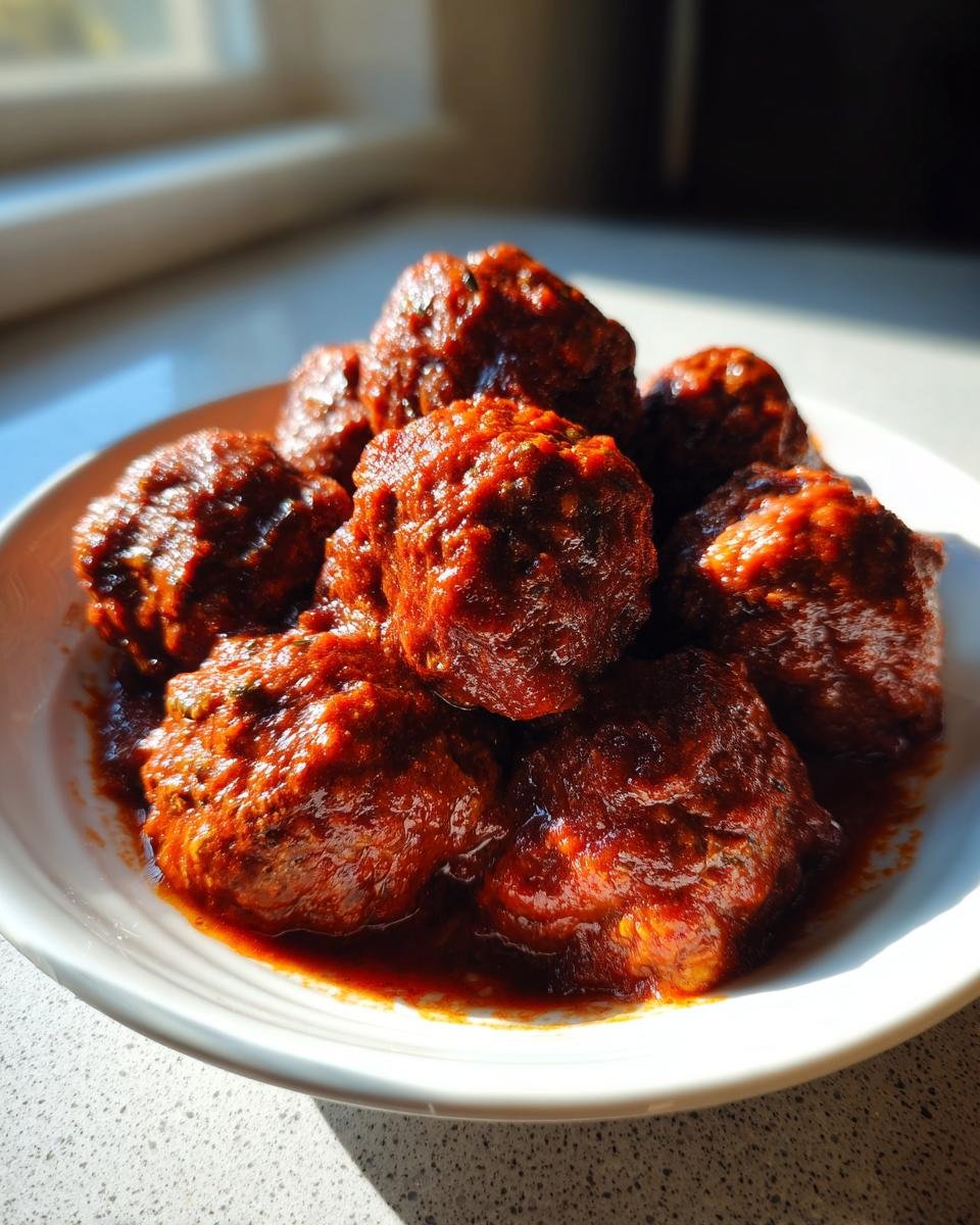 Close-up of several Red Wine Braised Meatballs coated in a rich, dark red sauce, served in a white bowl.