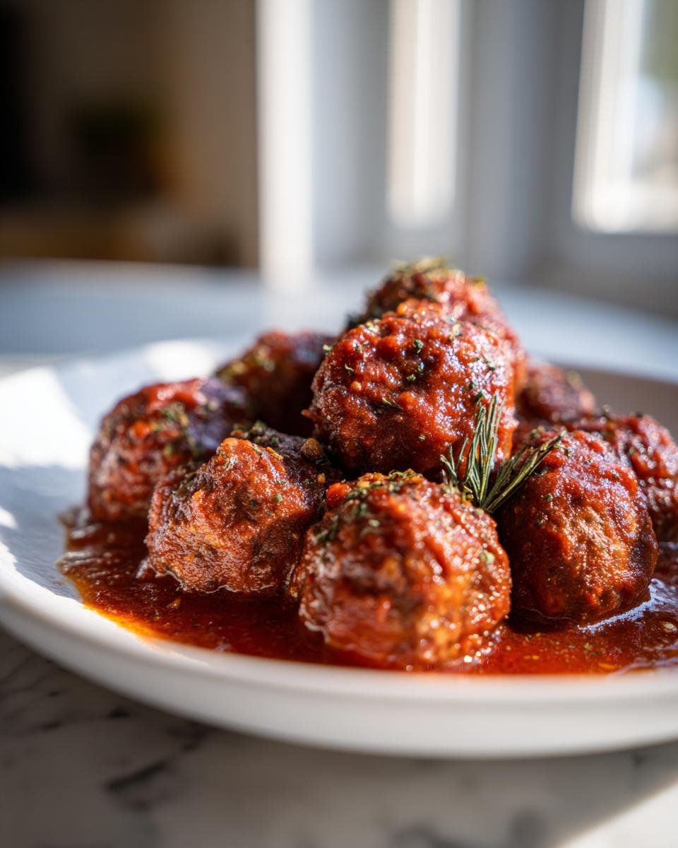 A mound of juicy Red Wine Braised Meatballs coated in rich sauce and garnished with herbs.