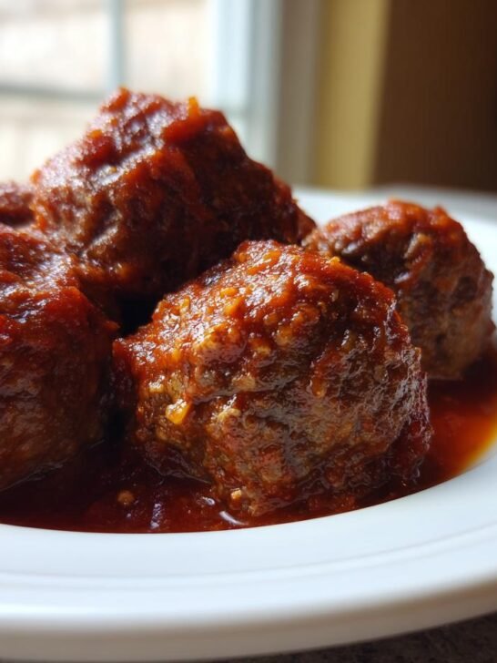Close-up of four tender Red Wine Braised Meatballs coated in a thick, savory red sauce on a white plate.
