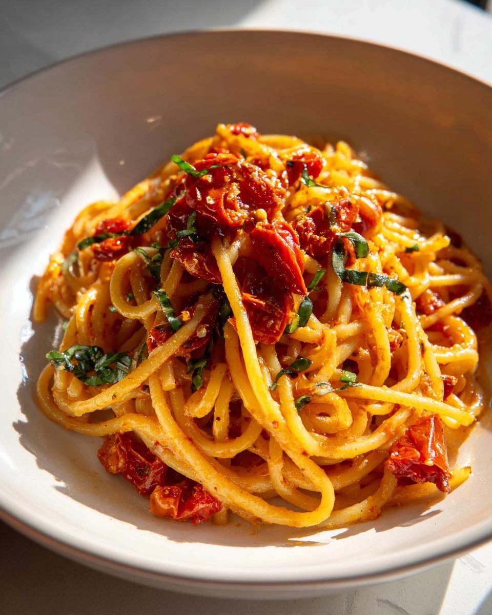 A close-up of a serving of Roasted Tomato Garlic Pasta coated in a rich sauce, topped with roasted tomatoes and fresh basil.