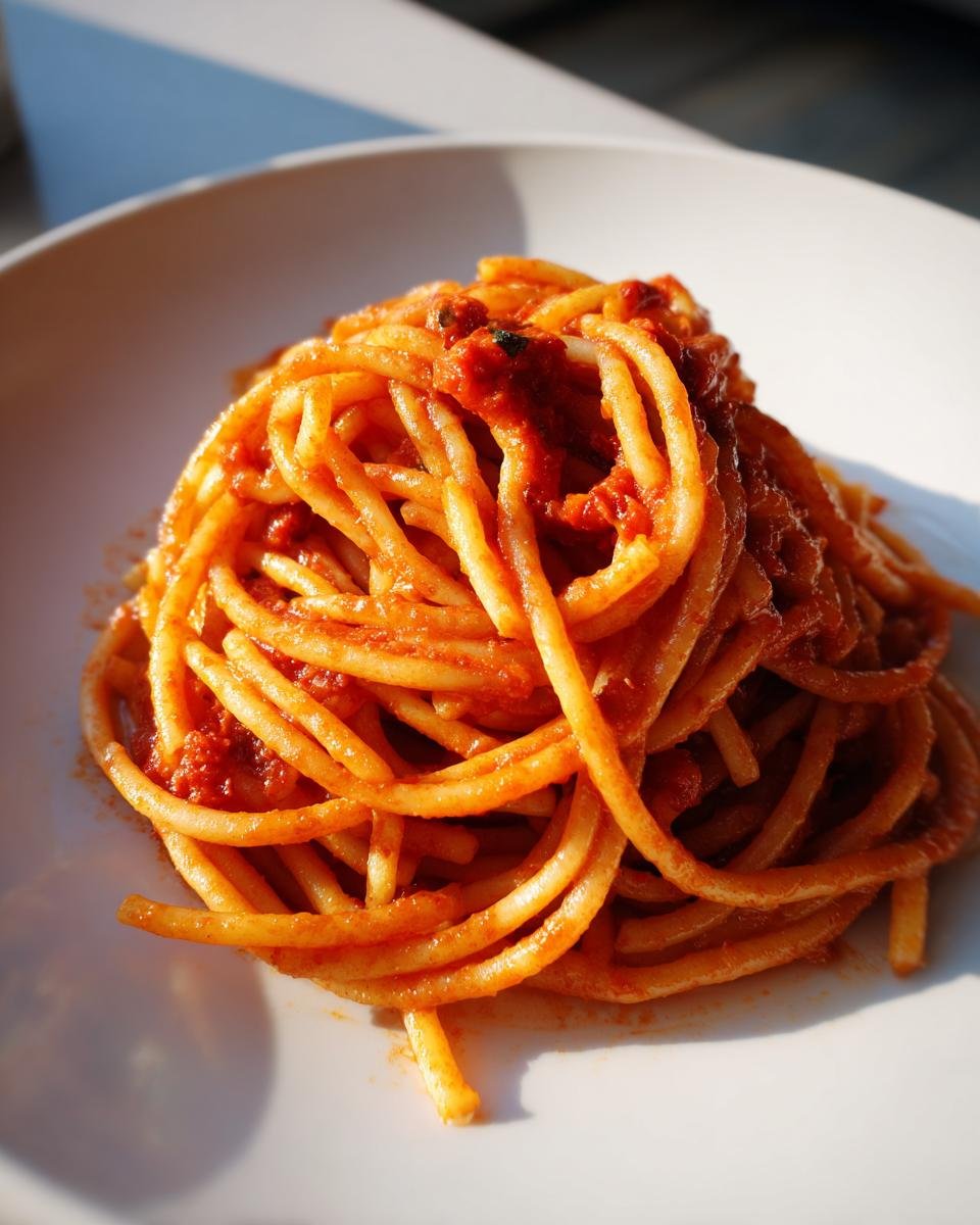 A close-up of a mound of bucatini pasta coated in a rich red sauce, representing the Roasted Tomato Garlic Pasta.
